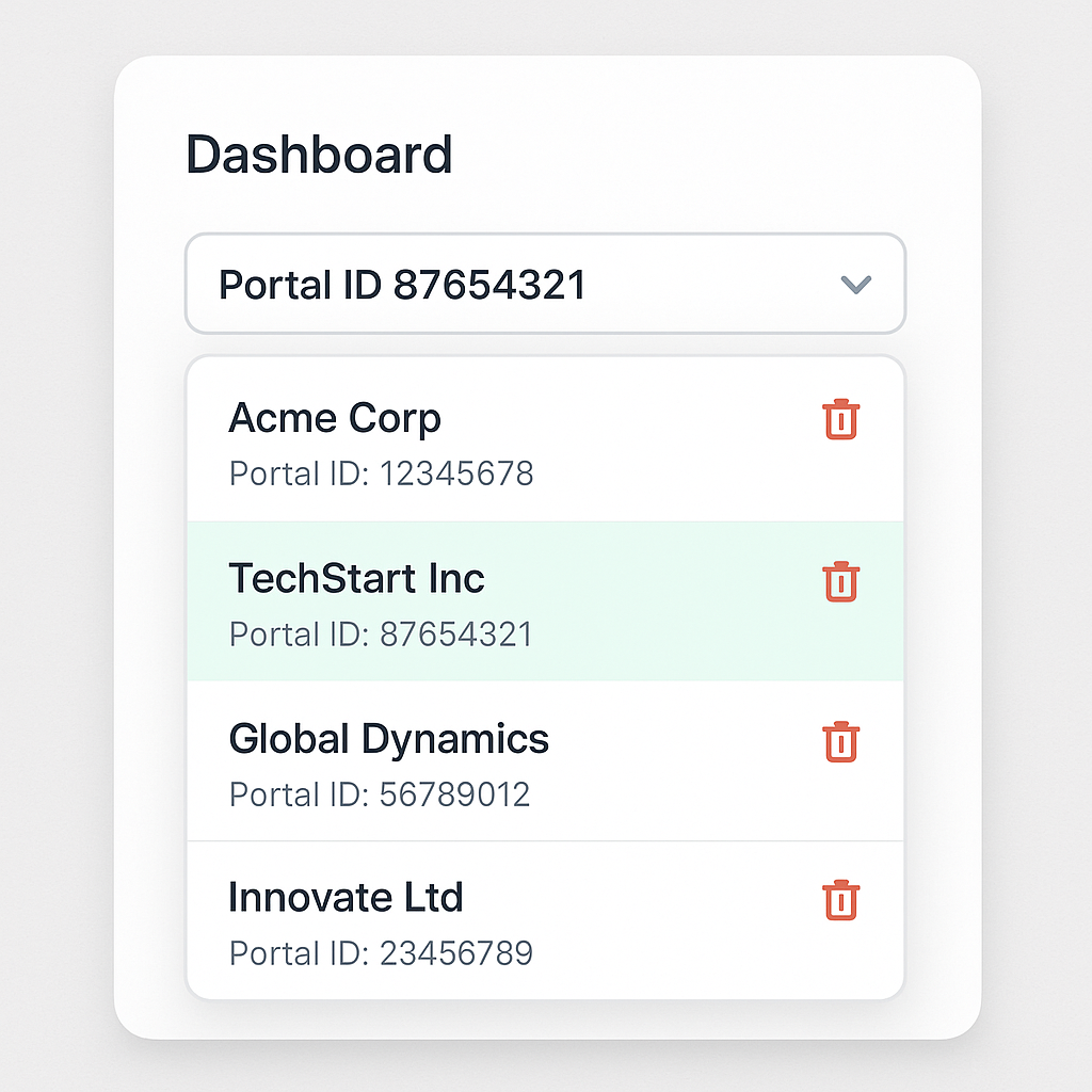 A clean SaaS dashboard sidebar showing a Portal ID 87654321 dropdown open Minimal white card style UI with light gray background Inside the dropdown a