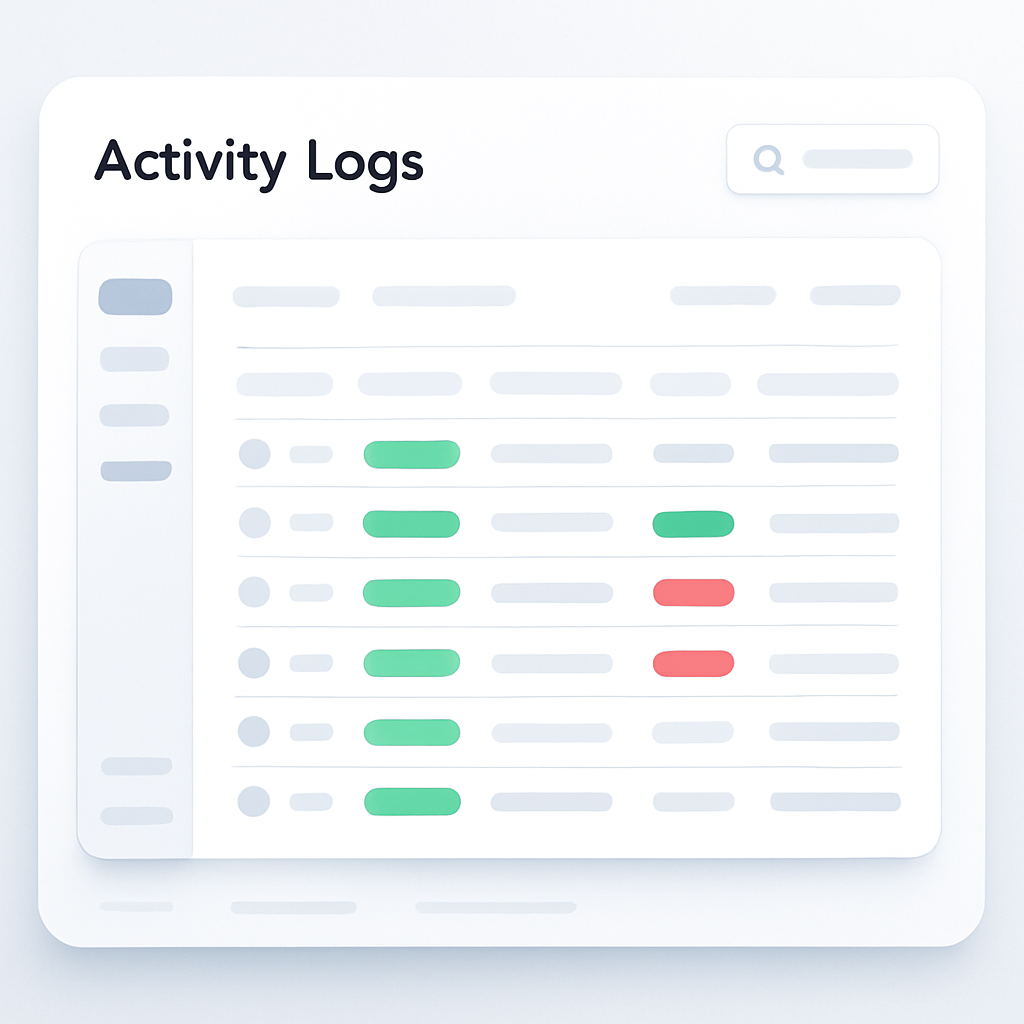 Clean SaaS dashboard illustration focused on an activity logs view but without any readable text A large central white card suggests a table with mult-3